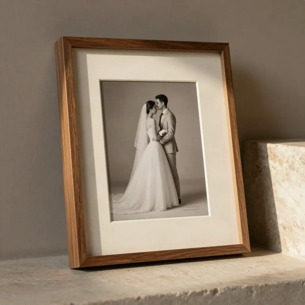 Framed wedding date print in an ivory mat leaning on pale stone, lit with a soft glow.