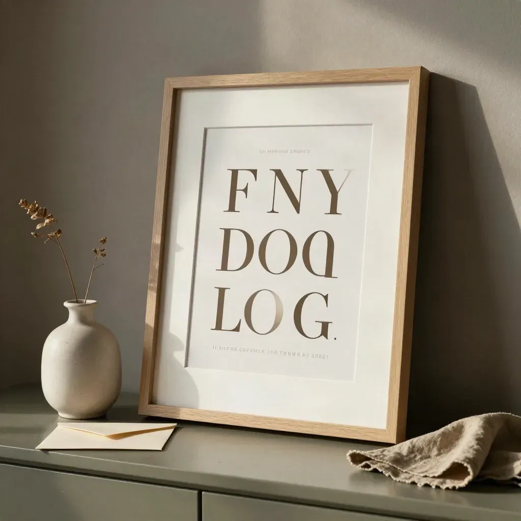 Framed personalized love print with vase and envelope on a console in soft light