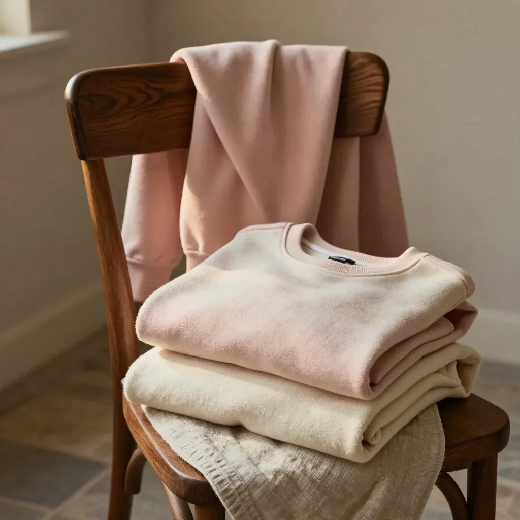 Matching blush sweatshirts draped on a walnut chair with folded linen in a soft lifestyle scene.