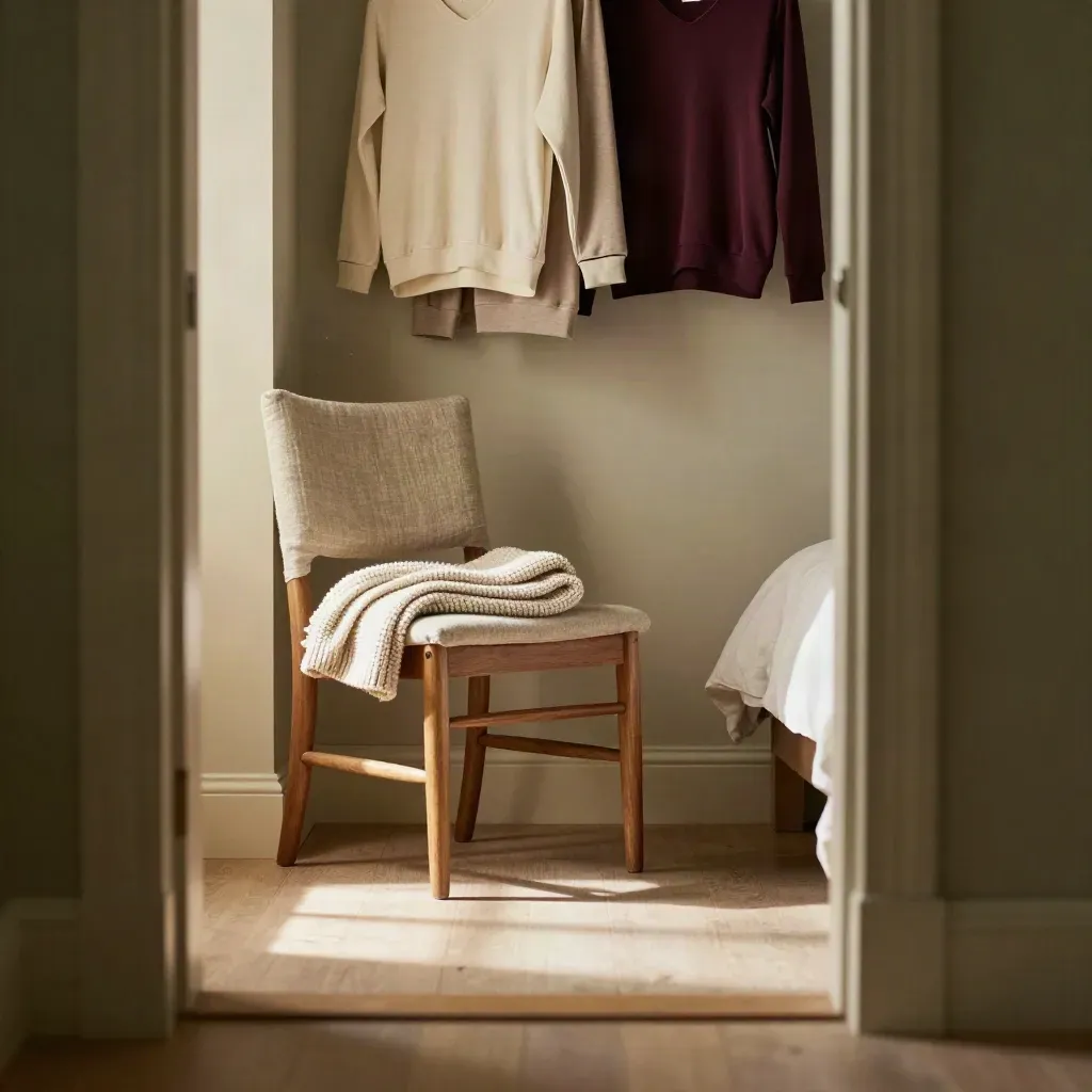 Sunlit bedroom corner with matching loungewear on a linen chair, calm floor, and open doorway.